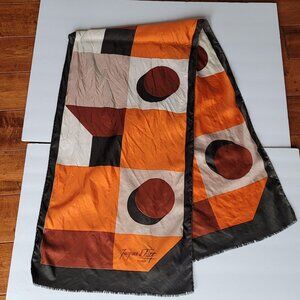 Vintage Jacques Fath Paris Silk Geometric Print Scarf Orange Tan Olive Long Head